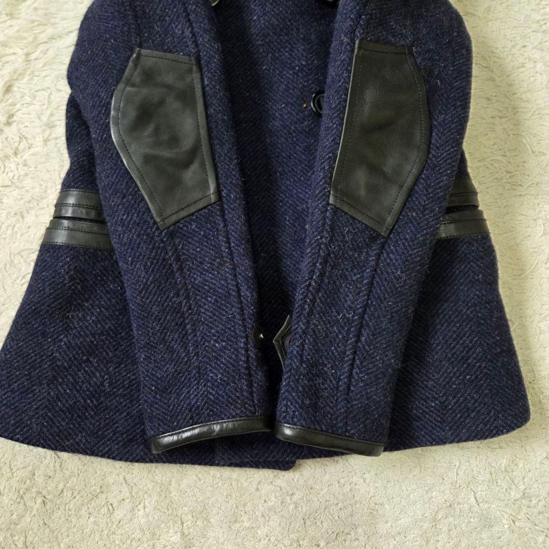 美品 デンハム フォックスブラザーズ ツイード レザー切り替え Pコート