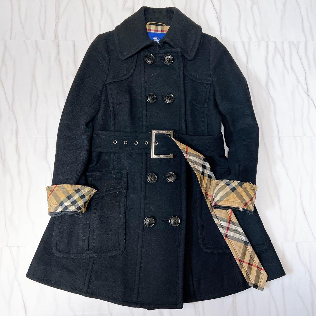 BURBERRY ブルーレーベル 38 アンゴラ Pコート ダブル ノバチェック