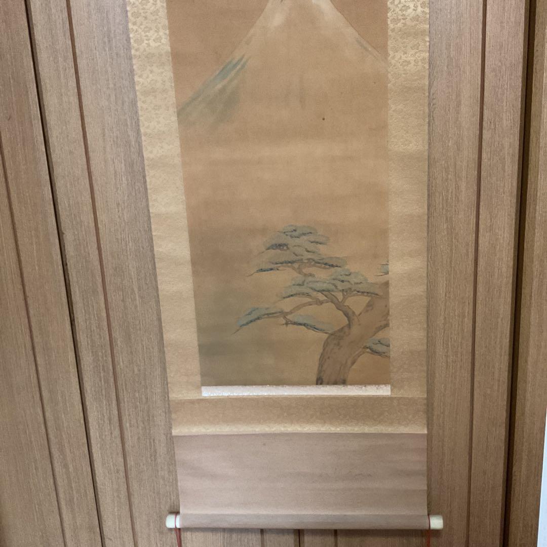 作者名無落款 羽衣女人松富士図 経年経過 桐箱