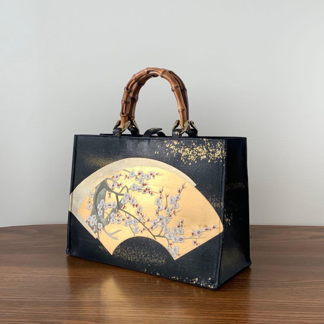 きらめく扇面に刺繍の白梅 袋帯 リメイク バンブーハンドルバッグ 浅型