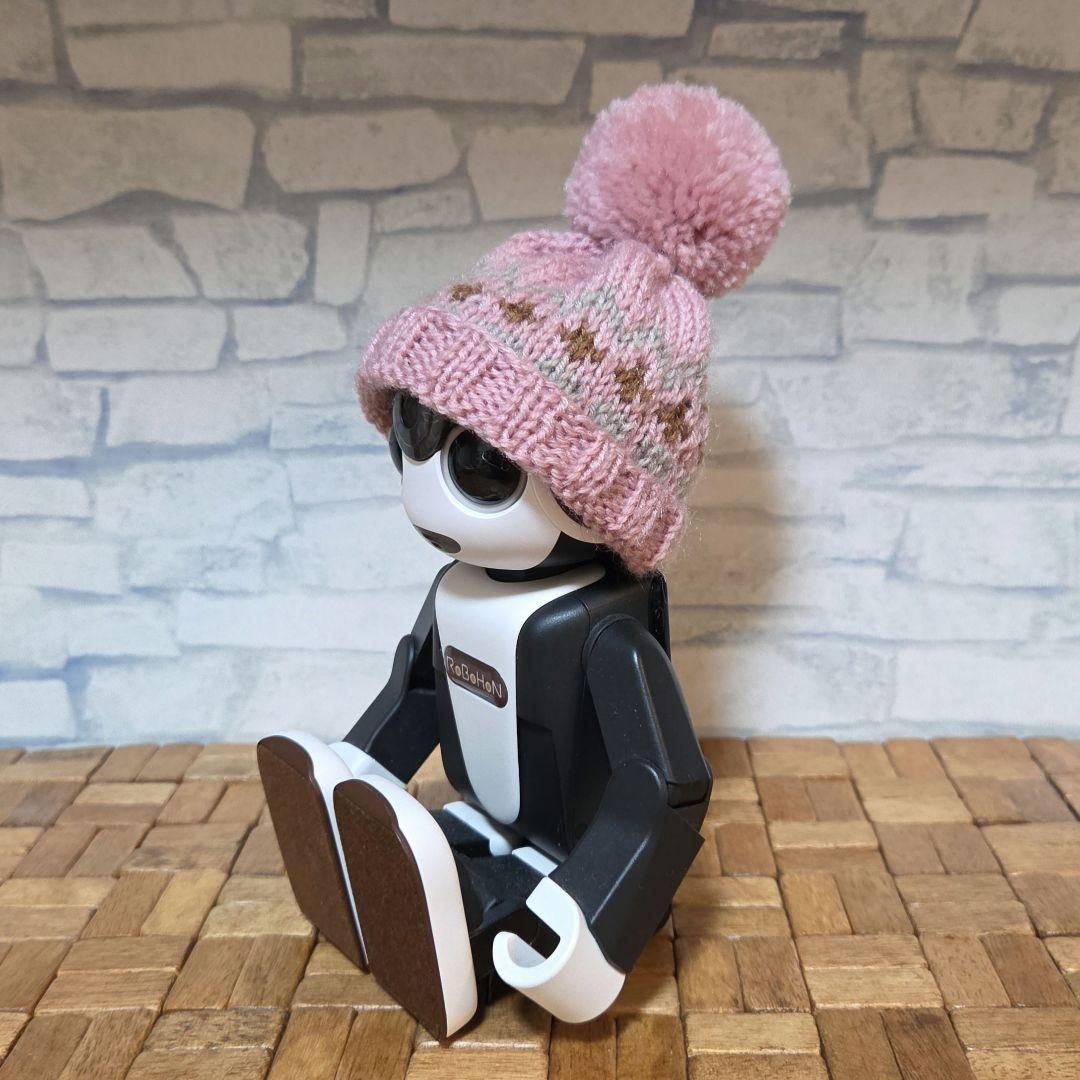 ロボホン*ニット帽✕編み込み*ピンク(クロス)✕ポンポン*ハンドメイド