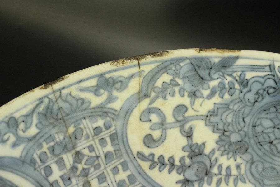 中国美術 青花 呉須 古染付 帆船図 大皿 φ47cm 明 貿易船(LC647