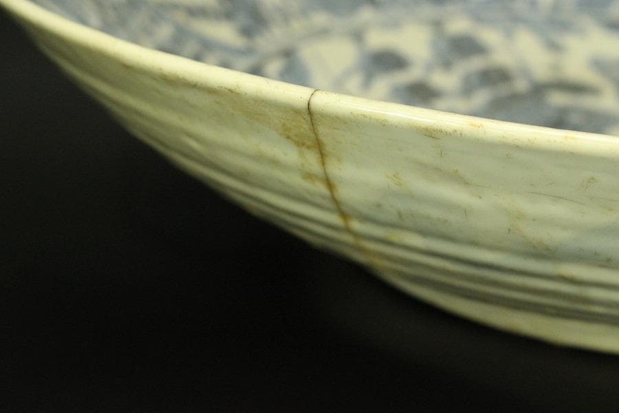 中国美術 青花 呉須 古染付 帆船図 大皿 φ47cm 明 貿易船(LC647