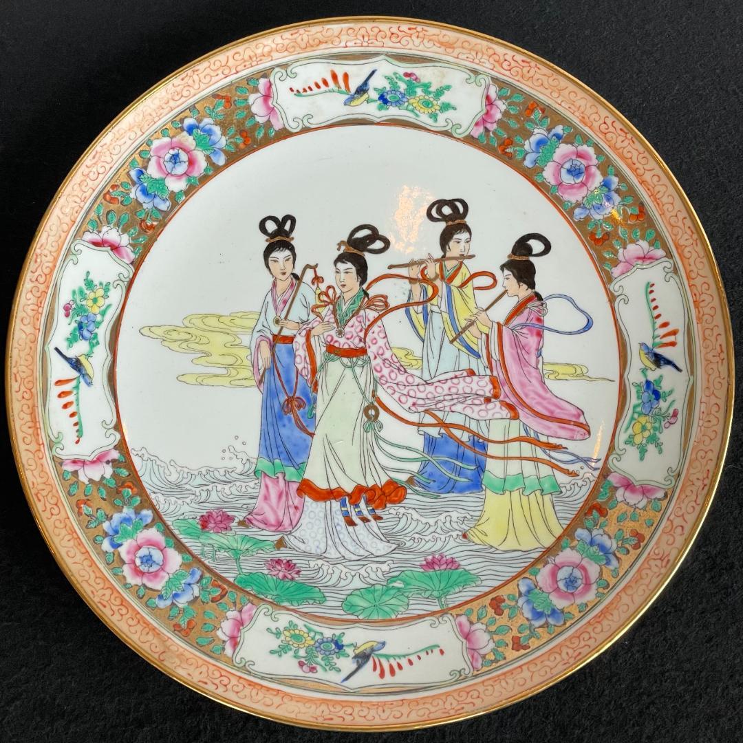 中国 廣彩 4人 天女 飾皿 色絵 絵皿 大皿 骨董 美術 芸術 置物 中華