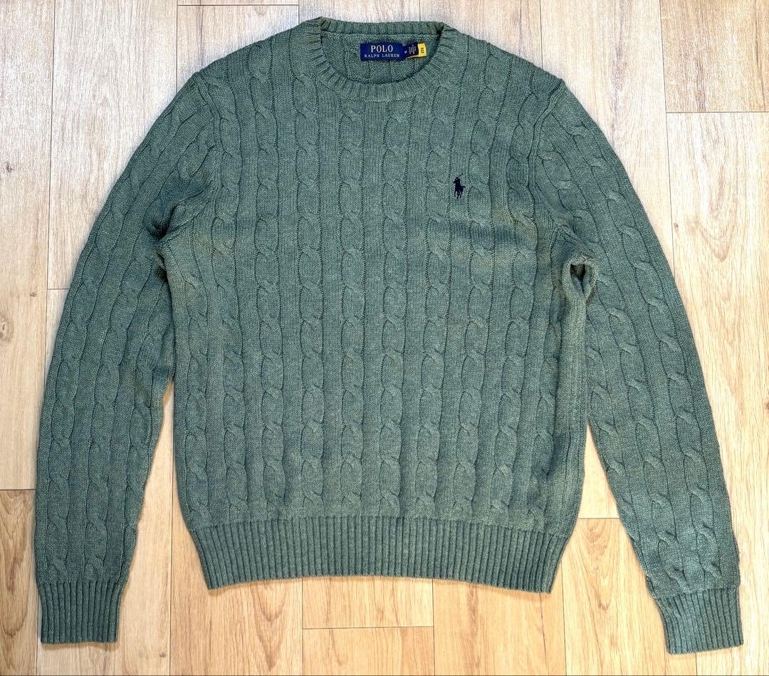 POLO RALPH LAUREN 長袖ケーブルニット グリーン 現行QRタグ 現行QR 美品ポロラルフローレン POLO RALPH LAUREN ケーブルセーター S