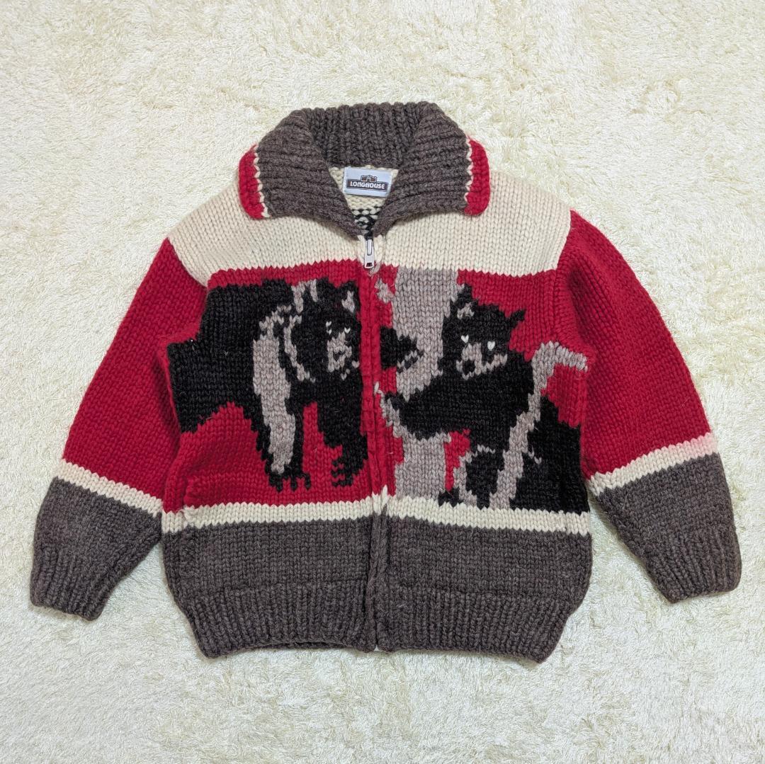 LONGHOUSE カナダ製 カウチンセーター ベアモチーフ ウール M〜L相当 即決 カナダ製 LONGHOUSE メンズL位 カウチンセーター ロングハウス 熊