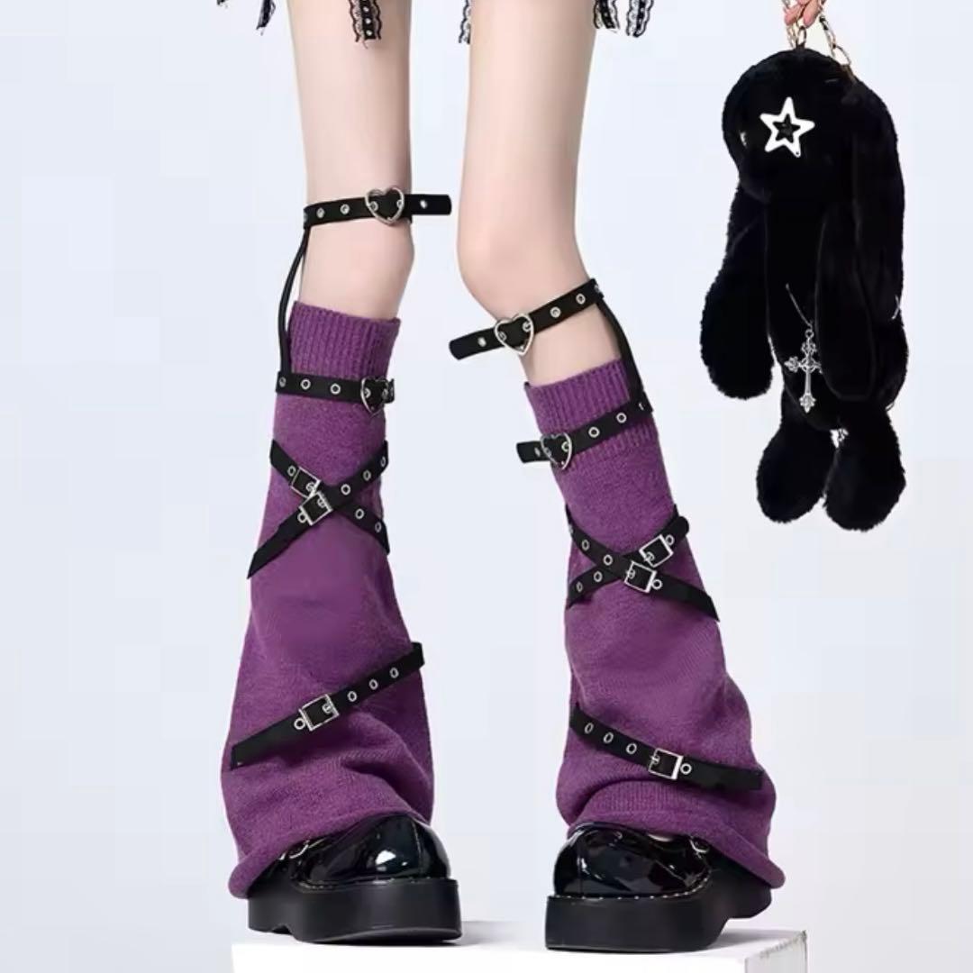 サブカル 地雷 レッグウォーマー ハーネス ベルト 赤 紫 レッグカバー