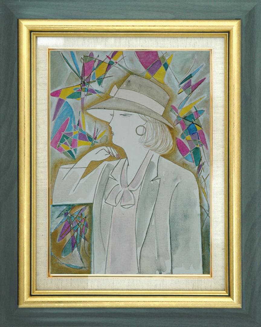 油絵 菅家令子 絵 絵画インテリア額付(青緑＋金色の枠) F4-071412女性 油絵 菅家令子 絵 絵画インテリア額付(青緑＋金色の枠) F4-071412