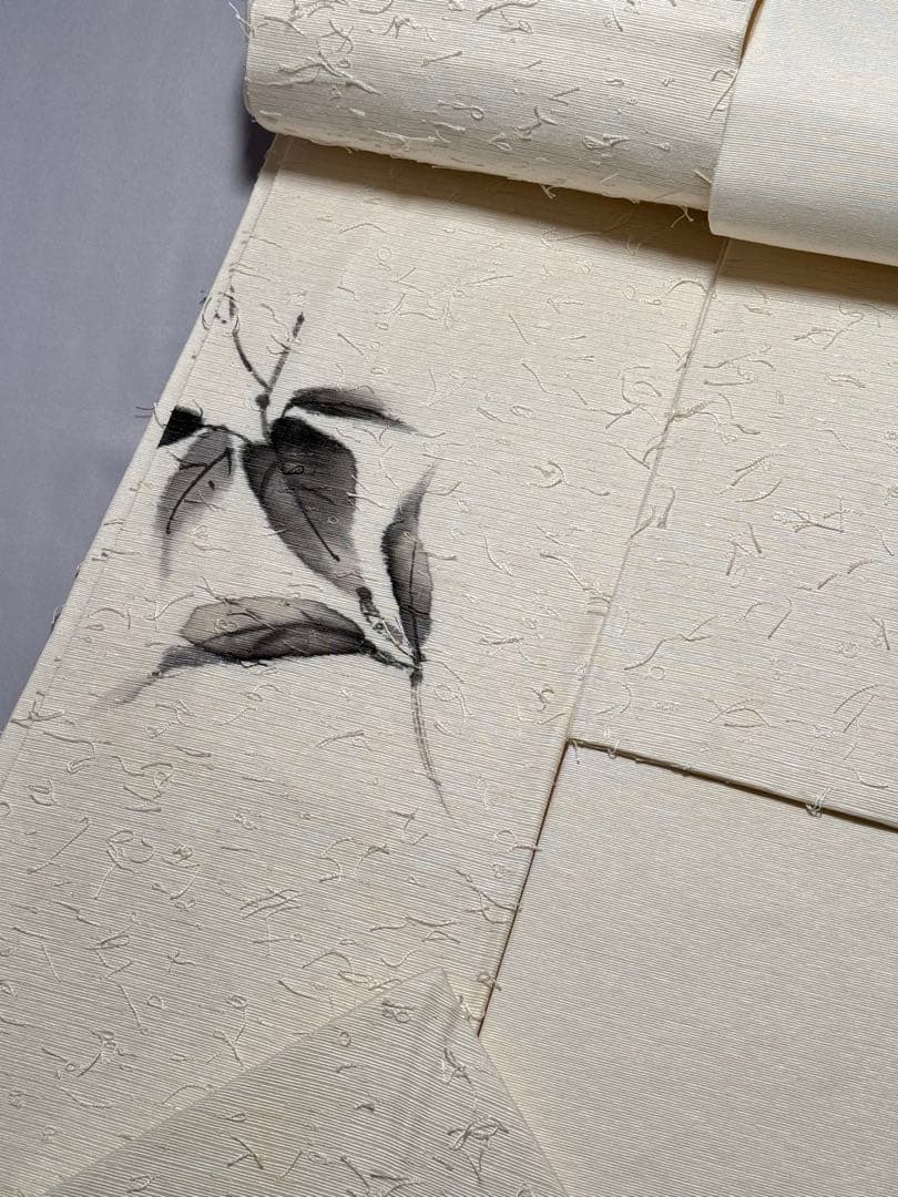 美品] 髭紬 名古屋帯 正絹 お太鼓柄 雀 白練色 洒落帯 小紋 紬 無地