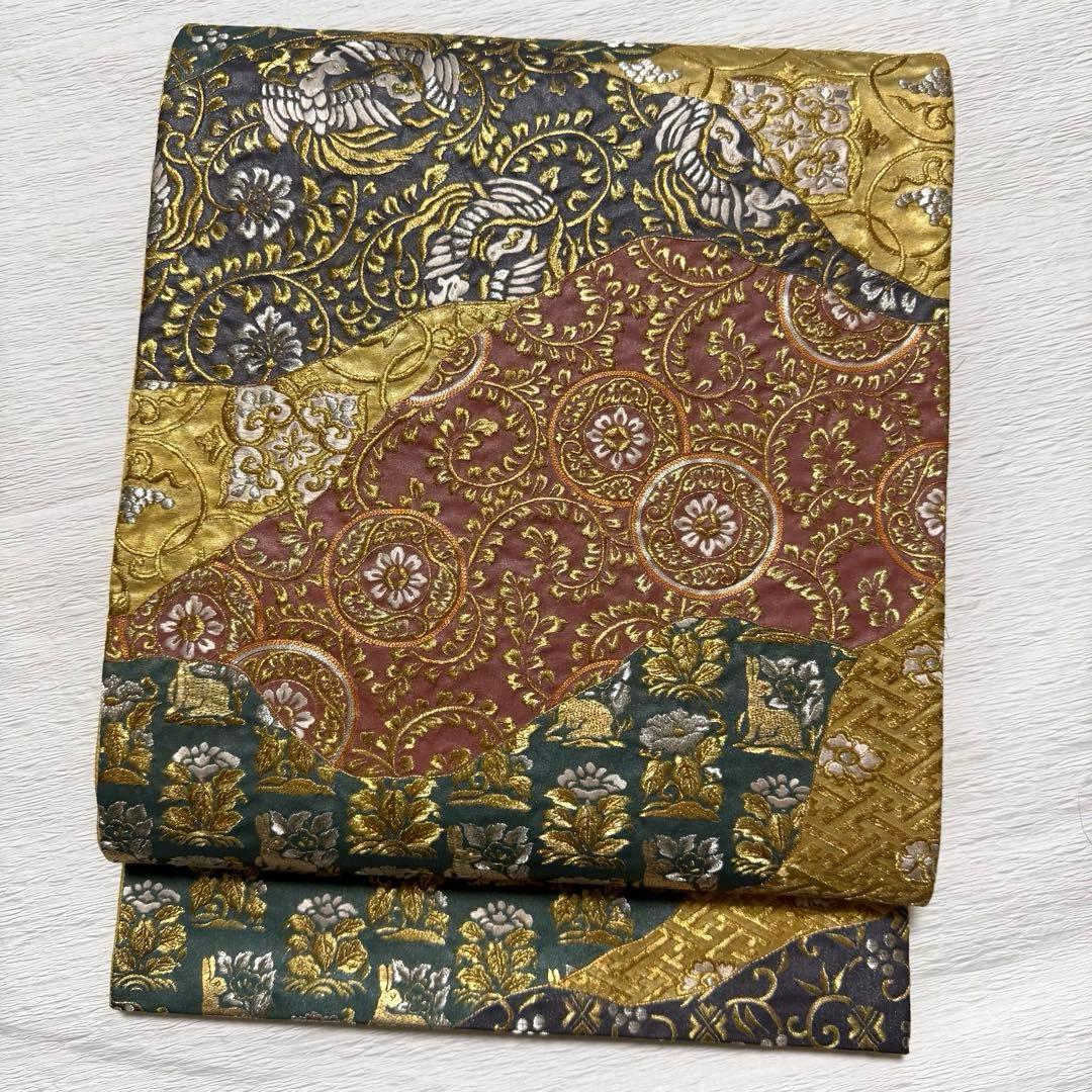 m-92 総刺繍　金駒刺繍　蘇州刺繍 鳥 花兎 金糸 袋帯 正絹 袋帯 未使用 フォーマル 正絹 手刺繍 蘇州刺繍 引箔地 金色地 菊 草花
