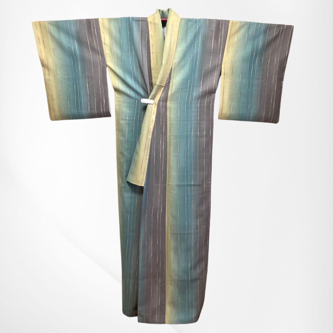 美品✨】東レシルック 洗える着物 小紋 変わり縞 ぼかし染め 青緑 灰茶