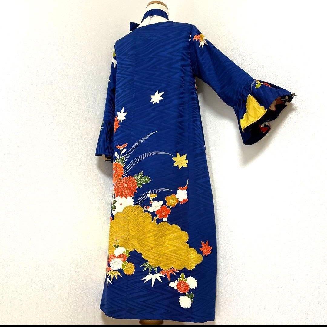 正絹 古典柄 振袖リメイクフレアドレス 紺 - メルカリ