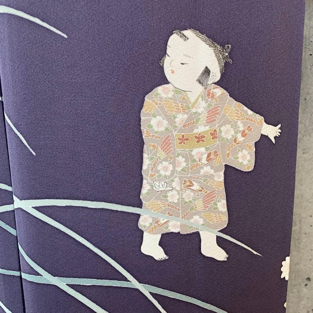 正絹 訪問着 童子柄 落款 一つ紋 紫系 袷 - メルカリ