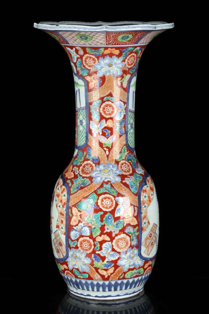 古伊万里【蔵春亭西畝】色絵金彩武士紋広口花瓶 飾壺 高さ68cm 古美術