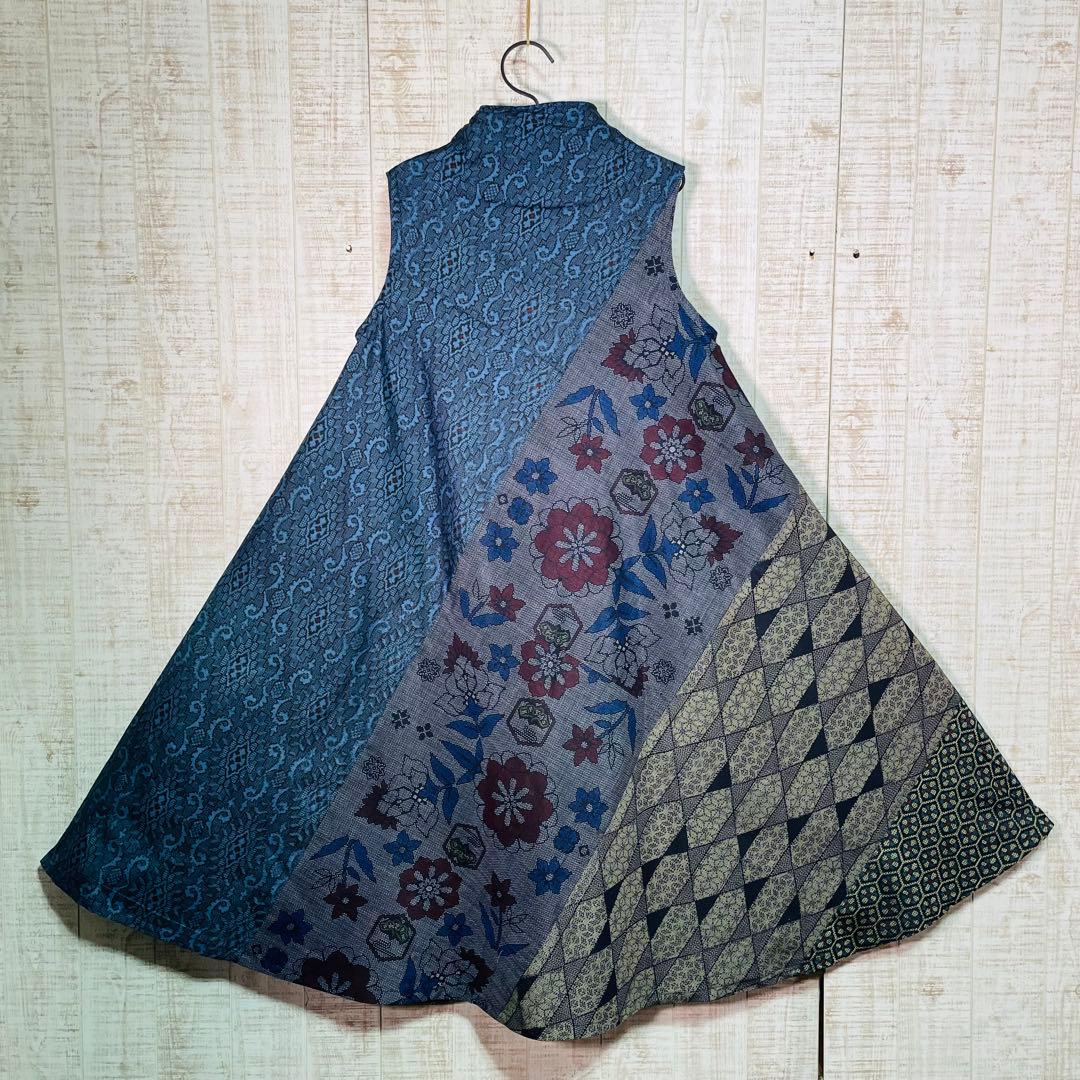 着物リメイク＊数種類の正絹大島紬で立ち襟＆テントラインワンピースM