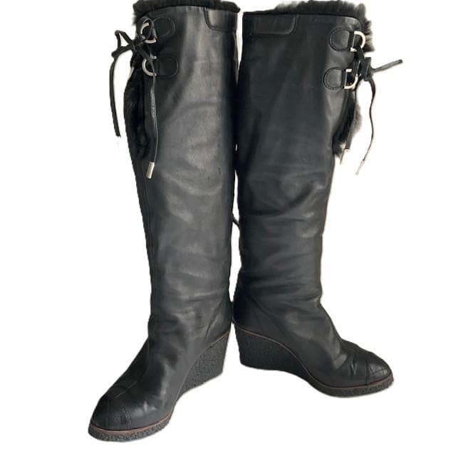 CHANEL 39(24.5cm) 黒レザー ロングブーツ CC ウェッジソール