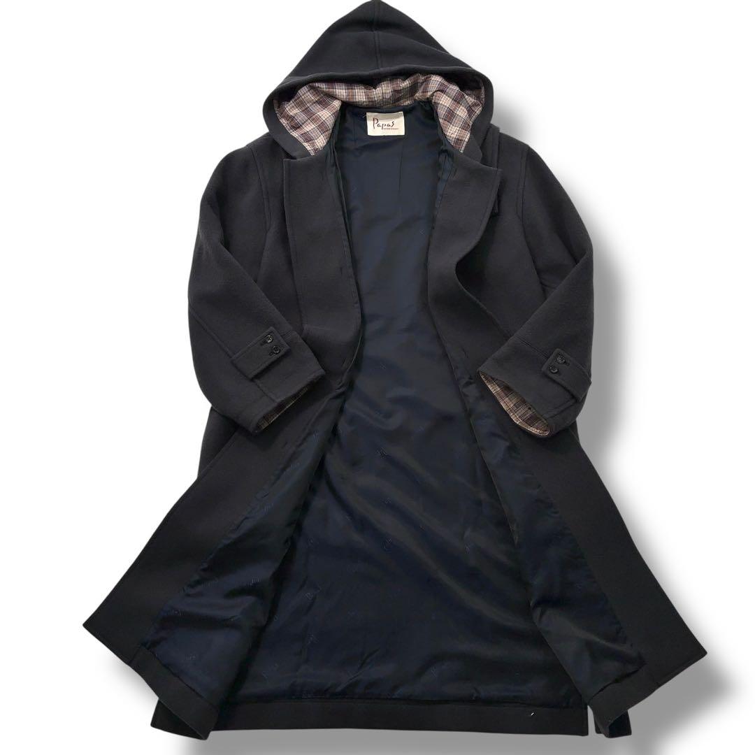 美品】PaPas パパス ダッフルコート チェック 木製トグル ダーク