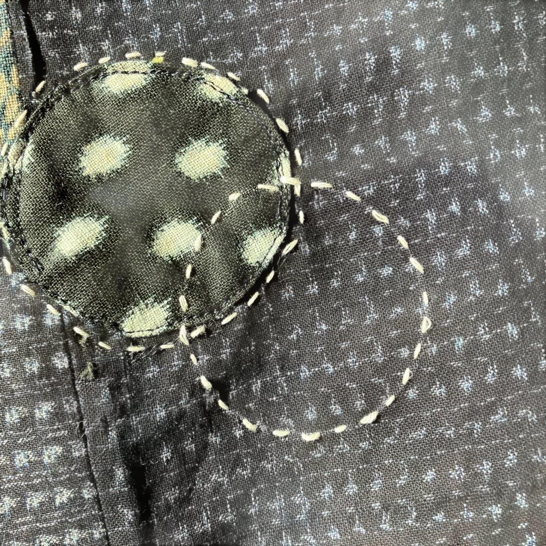 絣リメイク Mサイズ刺し子＆アップリケ シンプルワンピース ギャザー