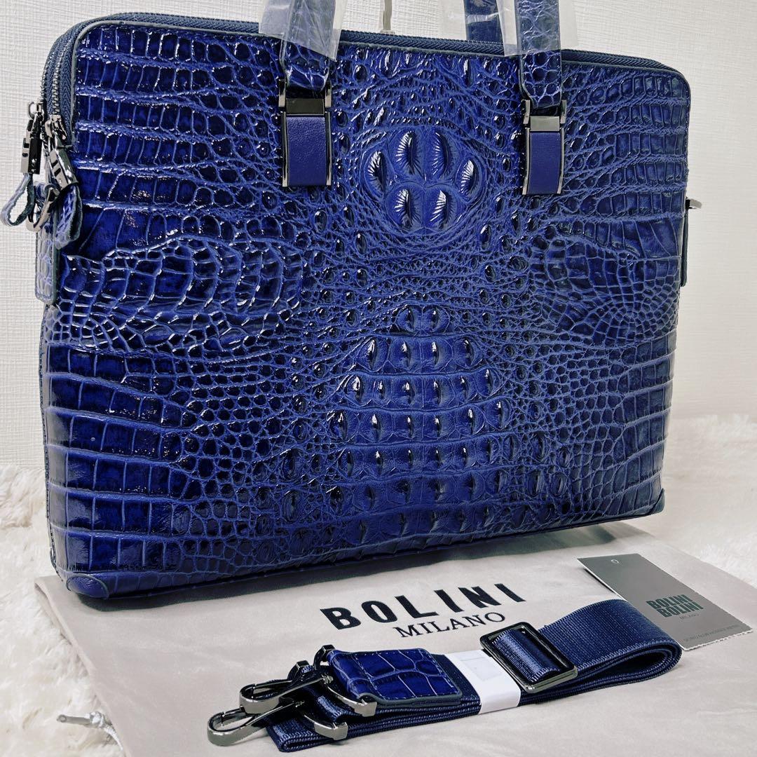 未使用】BOLINI ビジネスバック クロコ型押し 牛革 青 2way 2層 - メルカリ