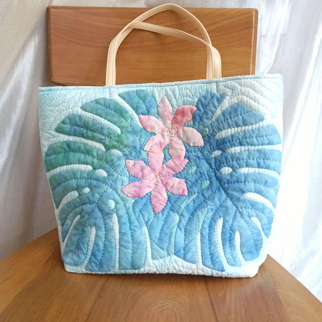 ハワイアンキルト　バッグ　モンステラ ハワイアンキルト ハンドバッグ モンステラ×プルメリア グリーン