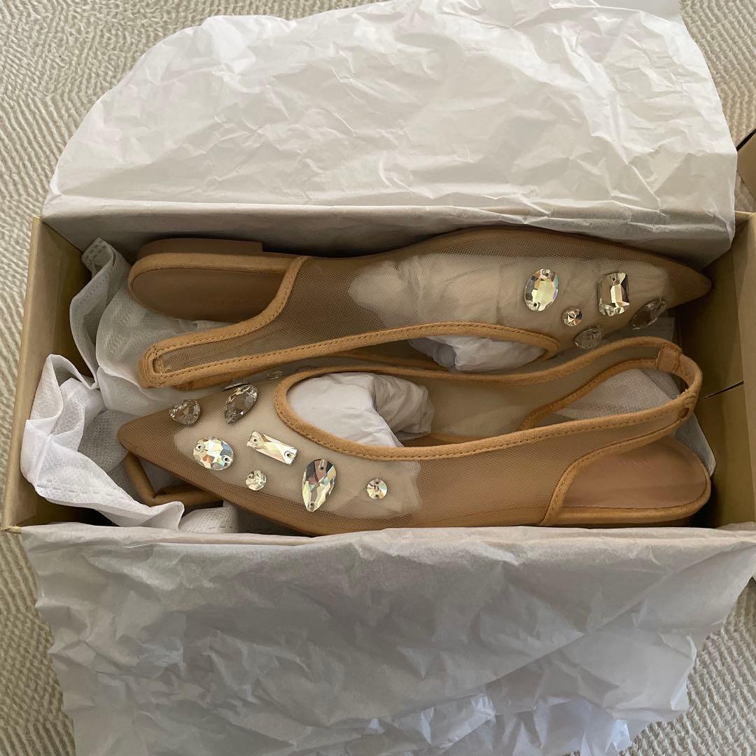 新品未使用】TULLEビジューバックストラップミュール ベージュ/クリア