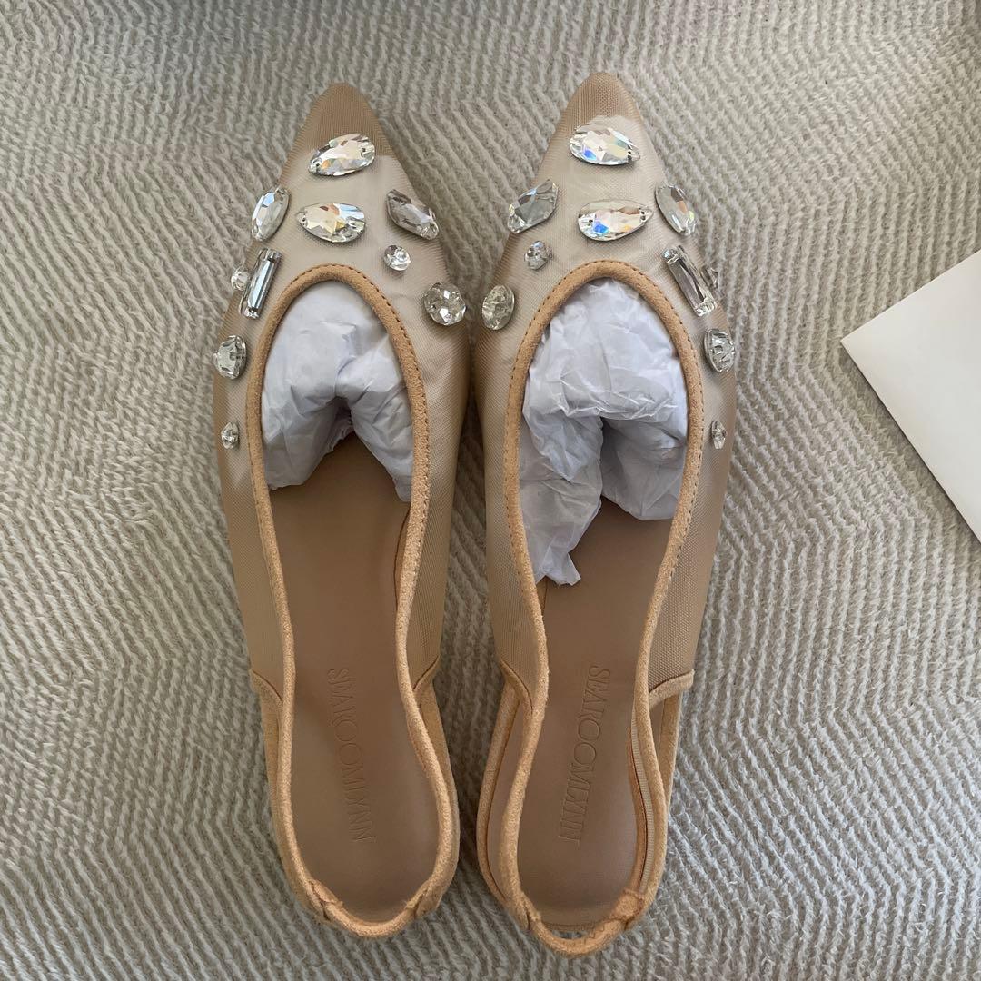 新品未使用】TULLEビジューバックストラップミュール ベージュ/クリア