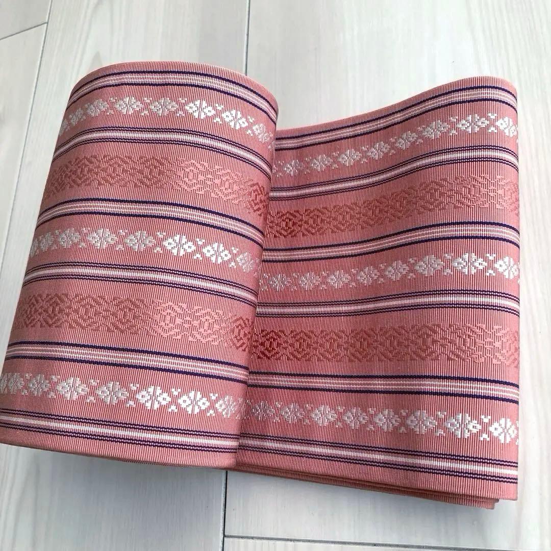 本場筑前博多織　半幅帯　縞模様　正絹　ピンクベージュ　No.7-22