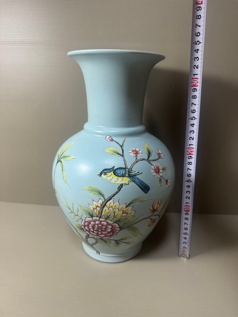 2106 古美術 大清雍正年製銘 天藍釉 花鳥紋橄欖瓶 珍蔵品 時代物