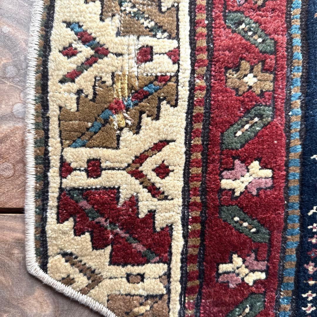 六角形ラグ約40.5×46 ウール100 ネイビーレッド トルコヴィンテージ