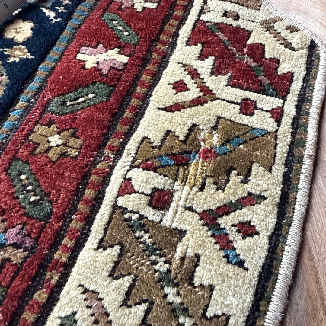 六角形ラグ約40.5×46 ウール100 ネイビーレッド トルコヴィンテージ