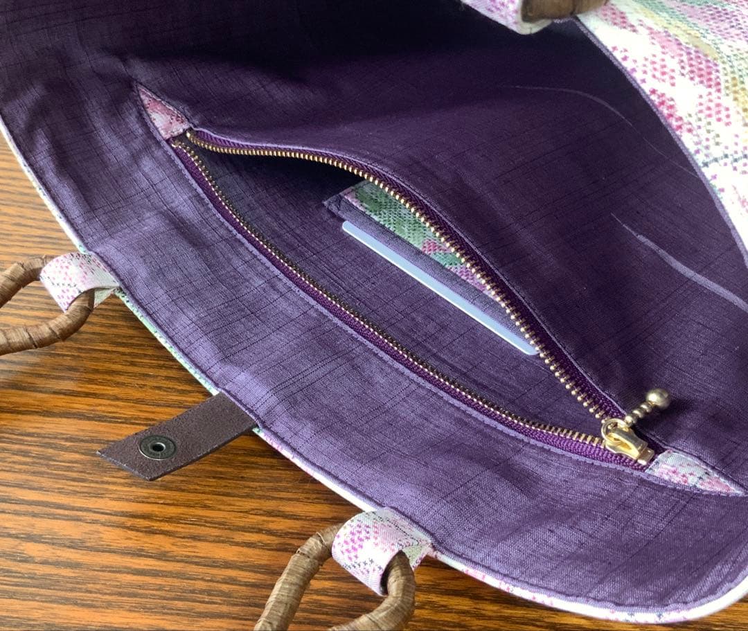 大島紬 満開の藤の花 リメイク 胡桃皮ハンドルバッグ