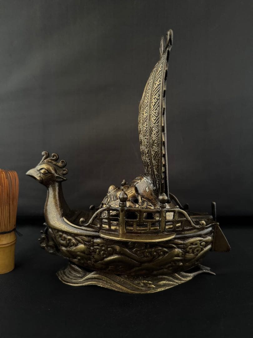 香炉 鳳凰型 宝船 銅製 彫刻 置物 開運 風水 骨董 インテリア アンティーク