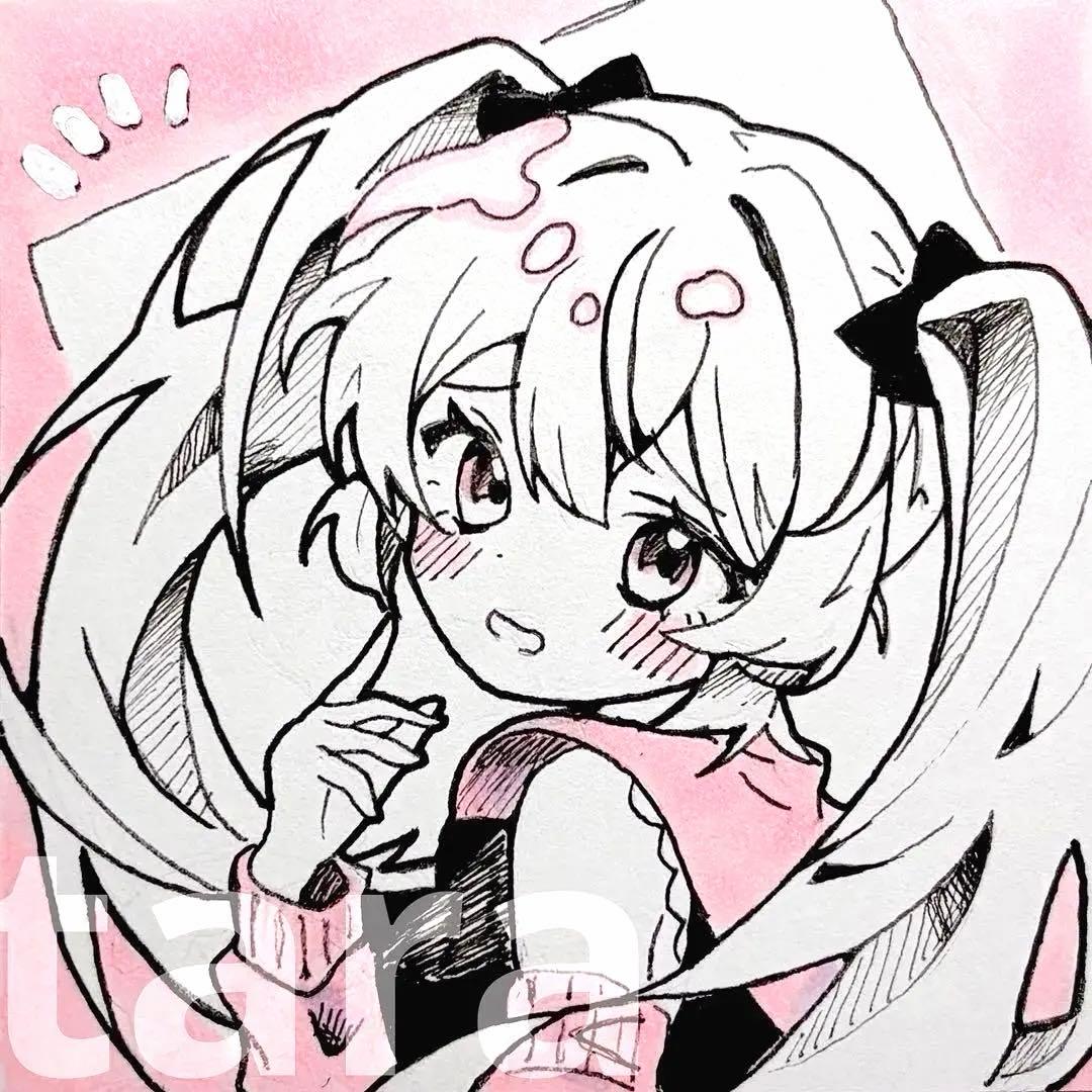 手描き イラスト オリジナル アナログ 色紙 ツインテール ピンク