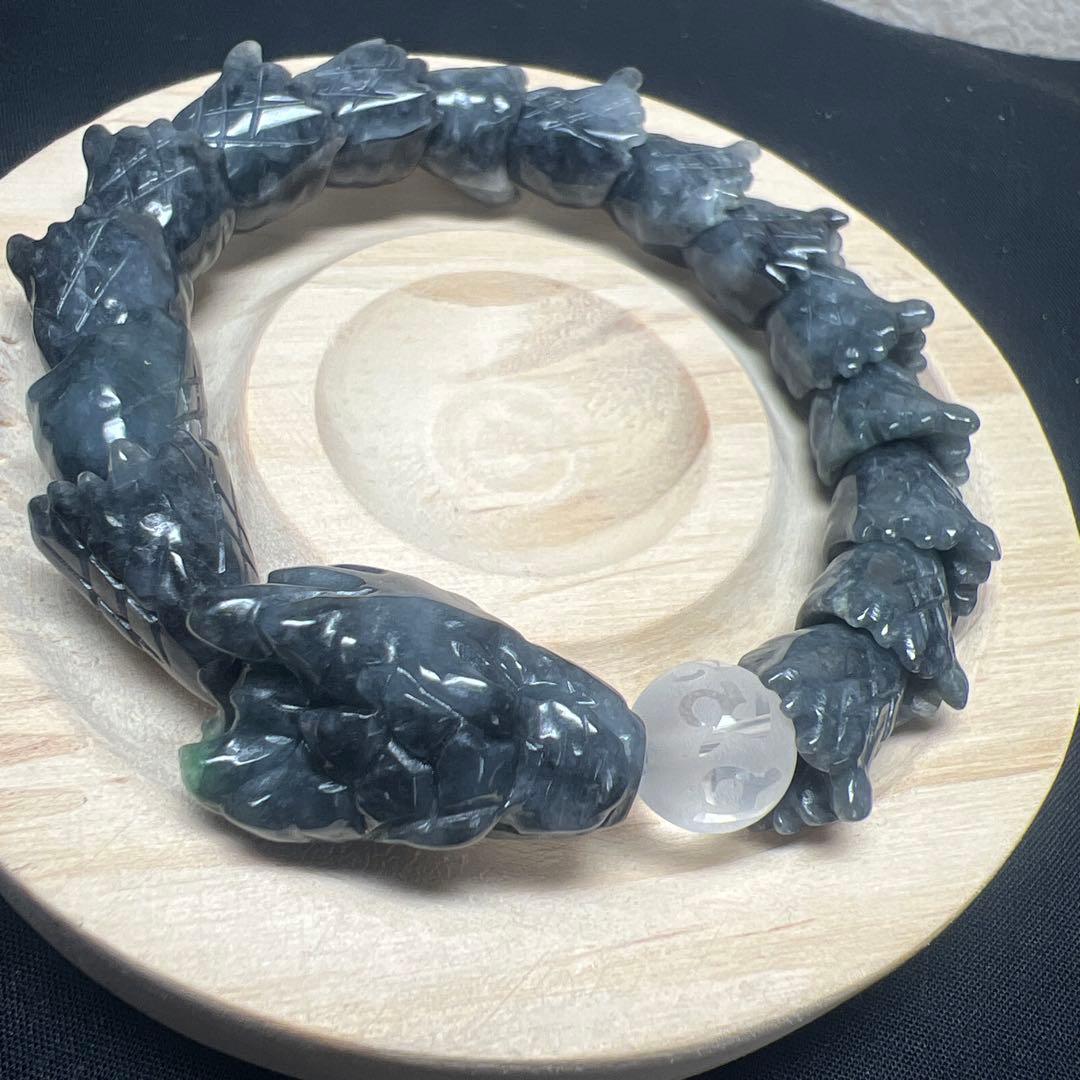 六字真言水晶&黒翡翠龍神ブレスレット 天然石デザインブレスレット ミャンマー産 黒翡翠×水晶×青龍 1点もの