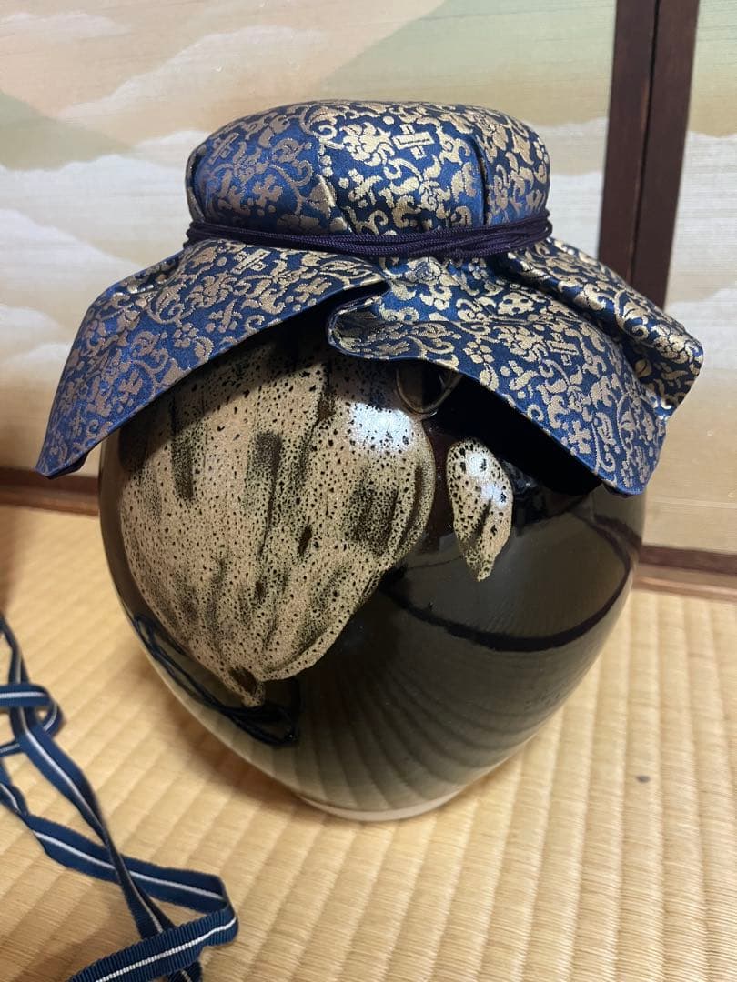 【平安 草山造】京焼 花壺 大壺 黒釉 花入 共箱・仕覆付 茶道具 飾り壺 平安 草山造】京焼 花壺 大壺 黒釉 花入 共箱・仕覆付 茶道具 飾り壺