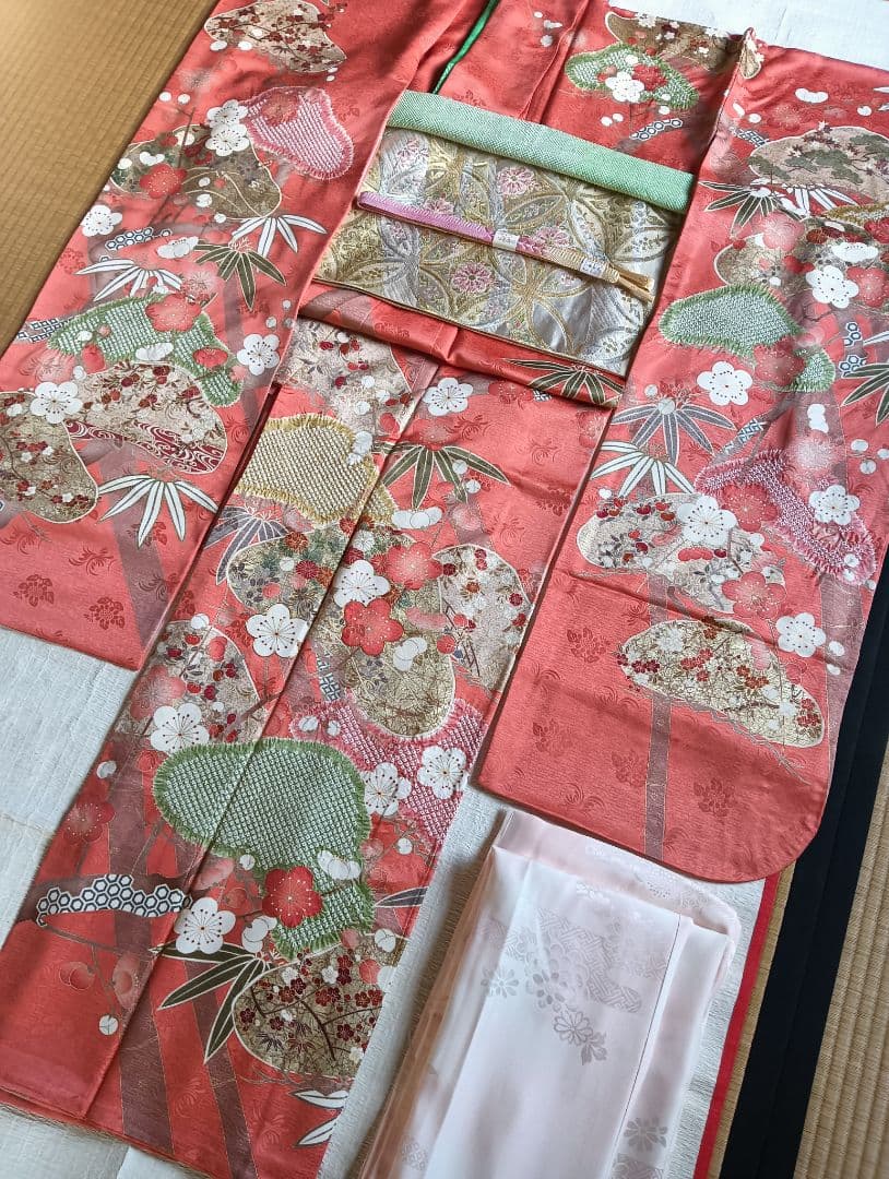 そごう誂　正統派　上質　高級振袖フルセット　川島織物帯　トール169 裄68 最新作高級古典 サーモンピンク 桜柄/鹿の子模様 関芳 最高級金彩刺繍