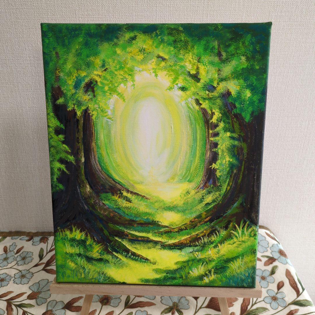 光のトンネル』/ 原画 F3 アクリル画 幻想的な緑の風景画 森の