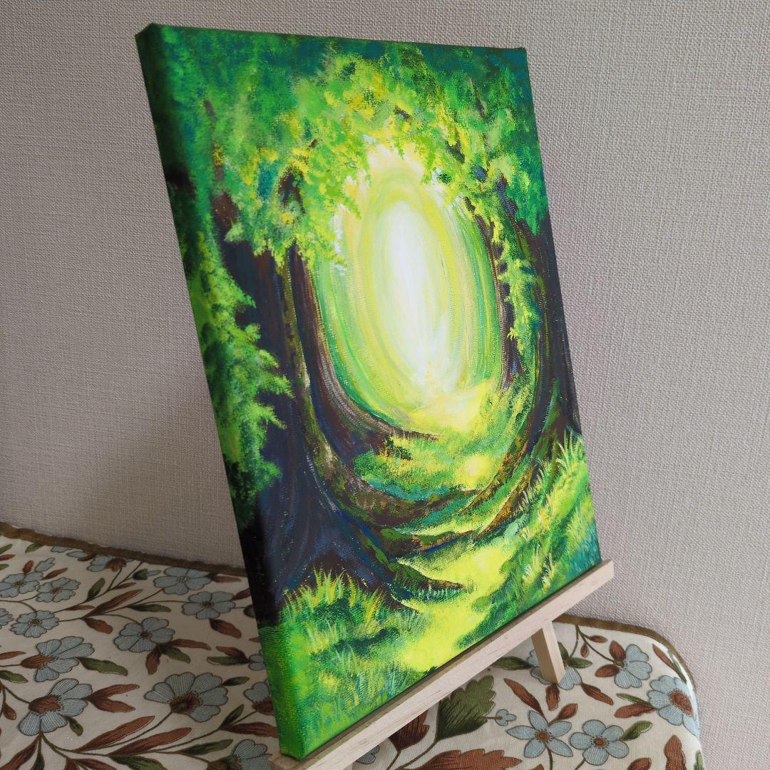 光のトンネル』/ 原画 F3 アクリル画 幻想的な緑の風景画 森の