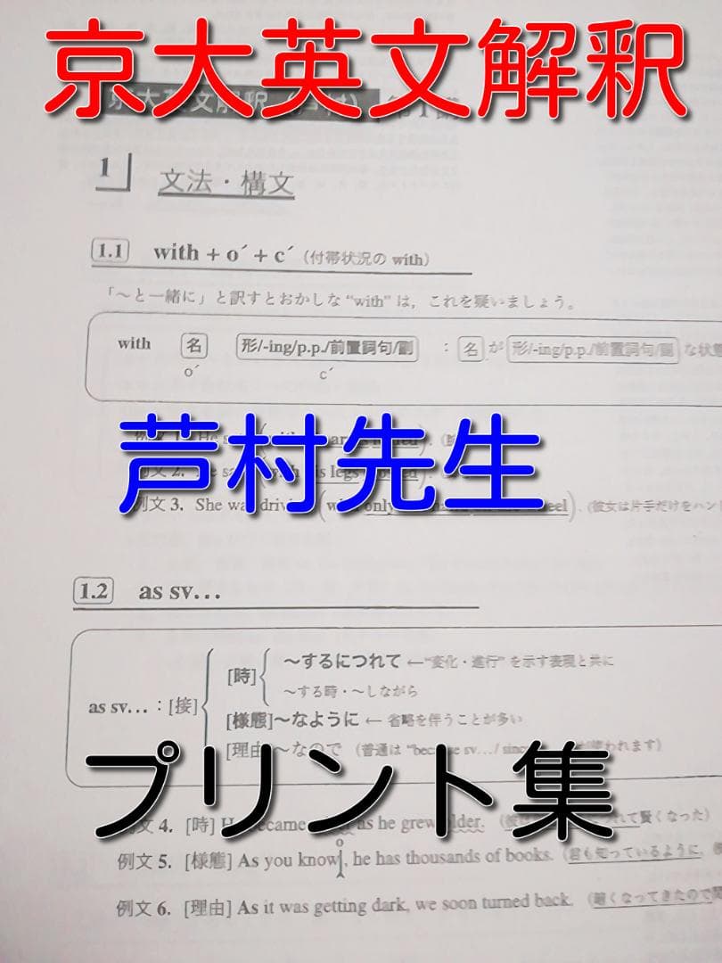 河合塾の芦村先生による京大英文解釈プリント集　駿台　河合塾　英語　鉄緑会 河合塾 夏期 玉置全人先生 京大英文解釈 プリントフルセット 鉄緑会