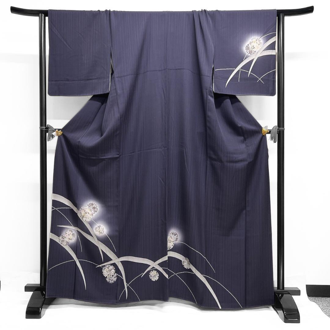 訪問着 蛍ぼかし 雪輪紋 芝草 縦縞 ネイビー着物 041a d - メルカリ