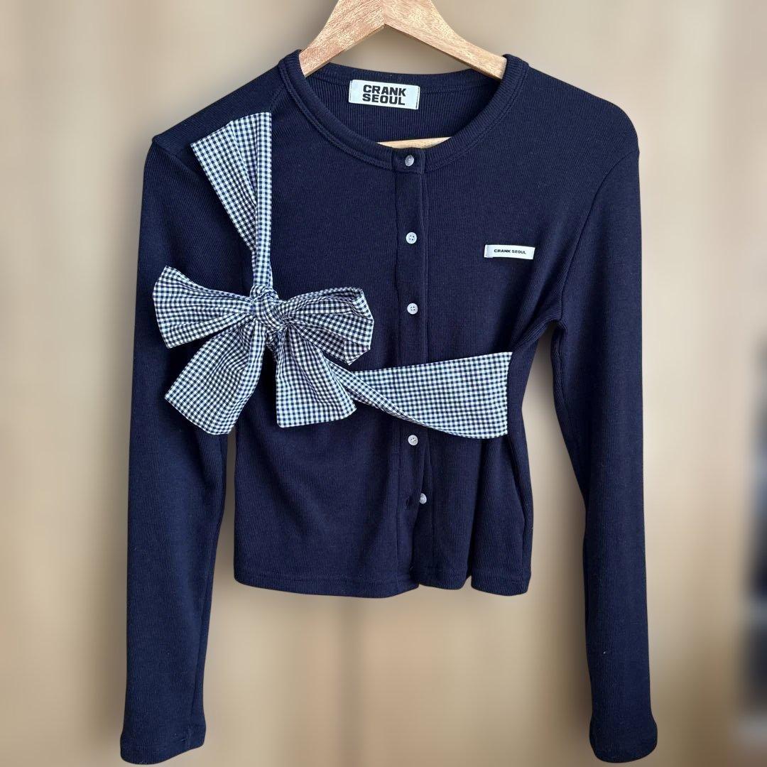 CRANK リボンタイドニットカーディガンネイビー - メルカリ