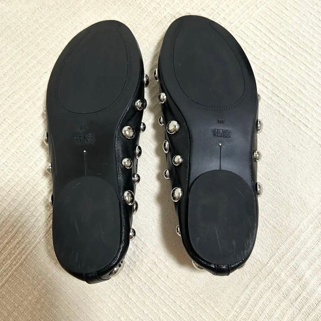 ZARA ザラ スタッズ付きレザーバレリーナシューズ 38 (24.6cm)