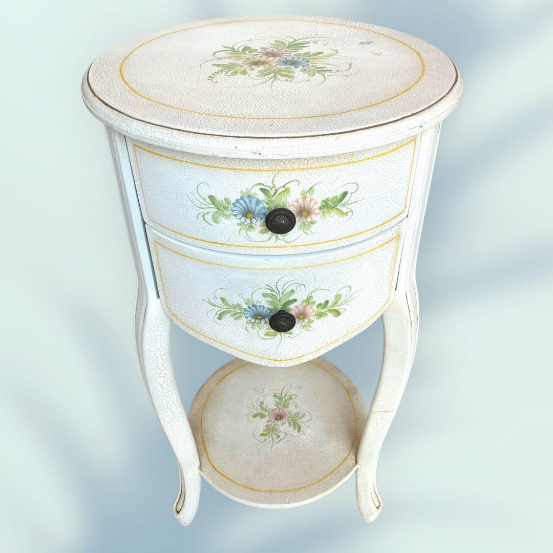 フレンチシャビー◉ラウンド サイドテーブル　花柄ペイント　引き出し付き｜猫脚 楽天市場】〔CSL02-JIG0101〕コンソールネコ脚【シャビーウッド