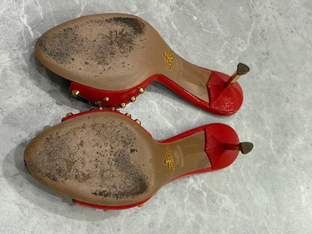 PRADA プラダ スタッズ ミュールサンダル レッド×ゴールド37½