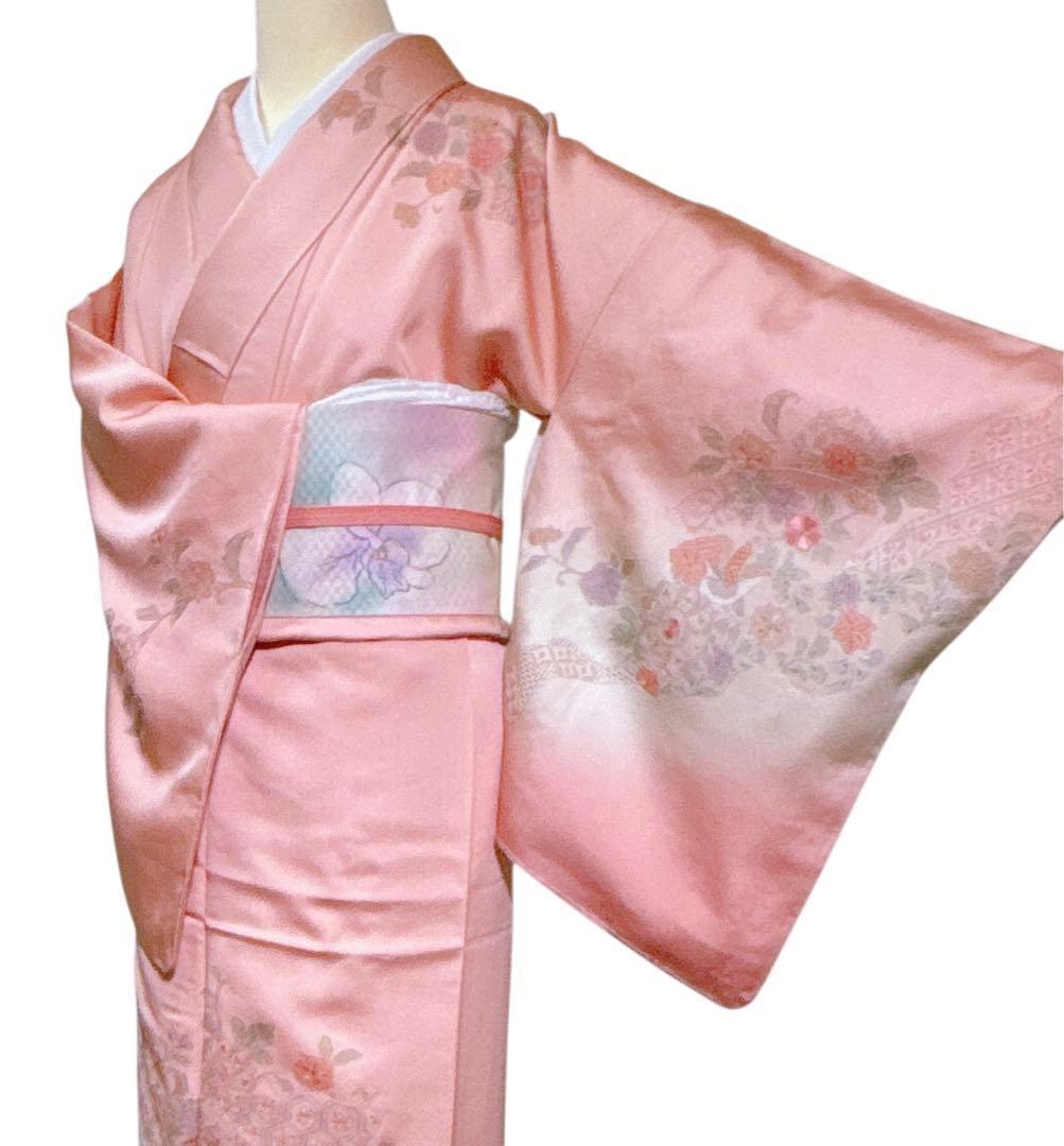 A106愛華 未使用着物 刺繍　スワト　宍色　美品　正絹　フォーマル レンタル フルセット 夏用 単衣 訪問着 HEHO-MI067 白緑色 汕頭刺繍