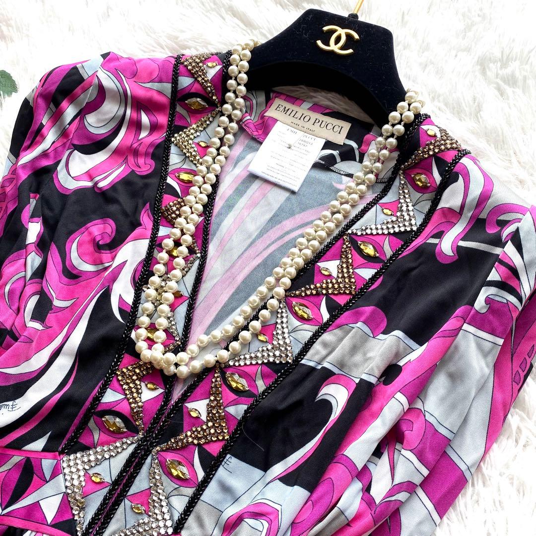 美品✨エミリオプッチ ワンピース ビジュー プッチ柄 ピンク Vネック