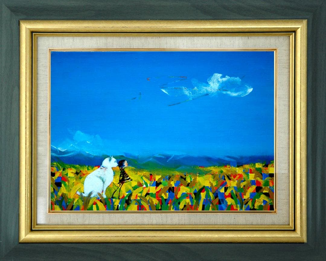 油絵菅家令子絵 絵画インテリア額付(青緑＋金色の枠)F4-072119子犬猫女子 油絵菅家令子絵 絵画インテリア額付(青緑＋金色の枠)F4-072119