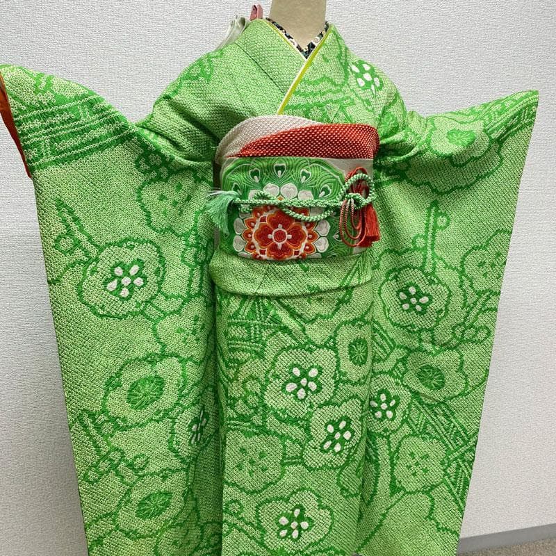 601aj56◎振袖のみ 総絞り ハーフ成人式 十三参り 梅 黄緑◎ - メルカリ