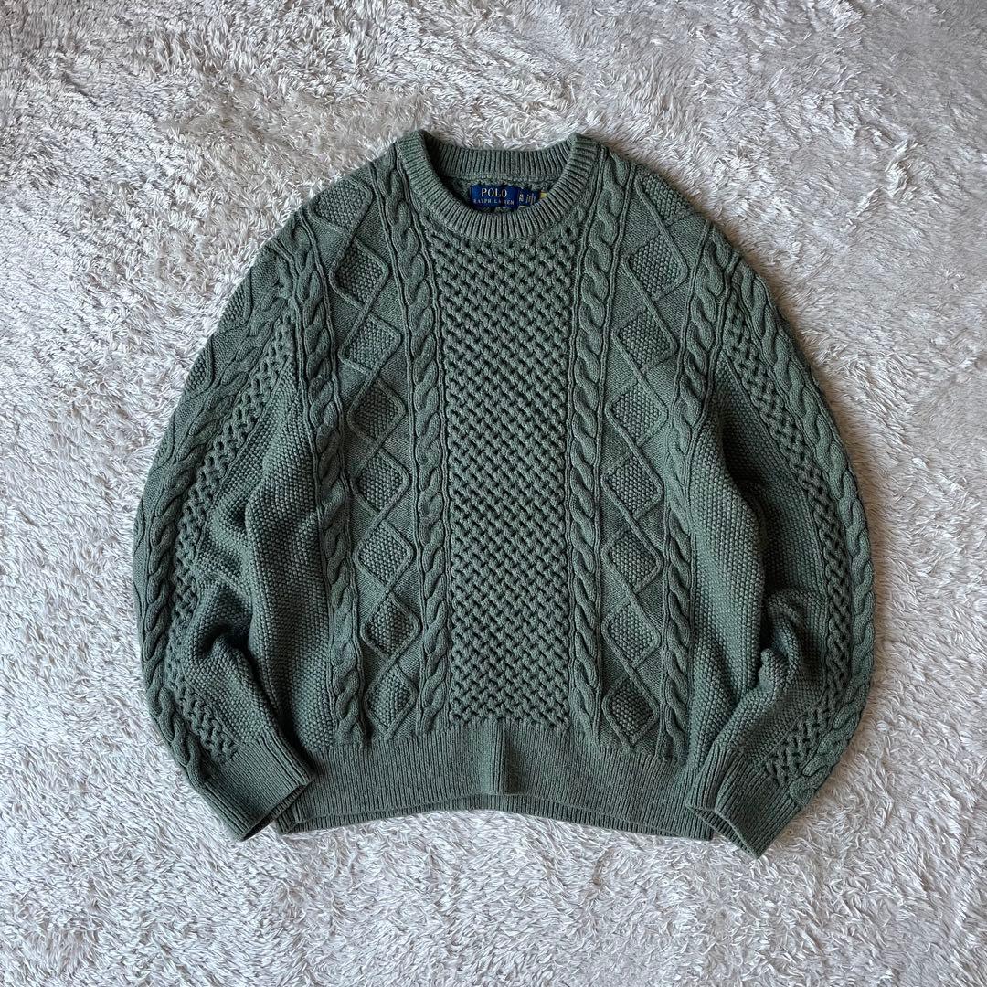 ラルフローレン 現行 フィッシャーマンズニット XL カーキ POLO RALPH LAUREN（ポロ・ラルフローレン） 長袖 セーター M グリーン