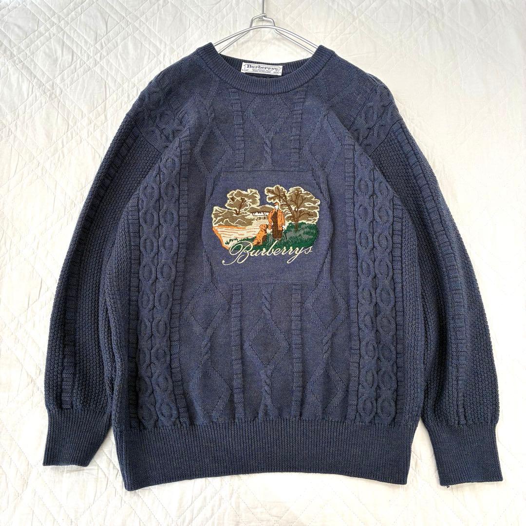 Burberrys 刺繍 ケーブルニット メリノウール ヴィンテージ 古着 イングランド製 Burberrys Logo Cable Knit Sweater S / バーバリー